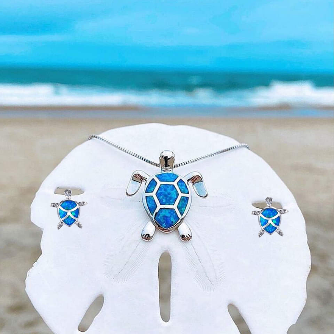 海龜項鍊 + 耳環套裝（奧帕爾與銀）
